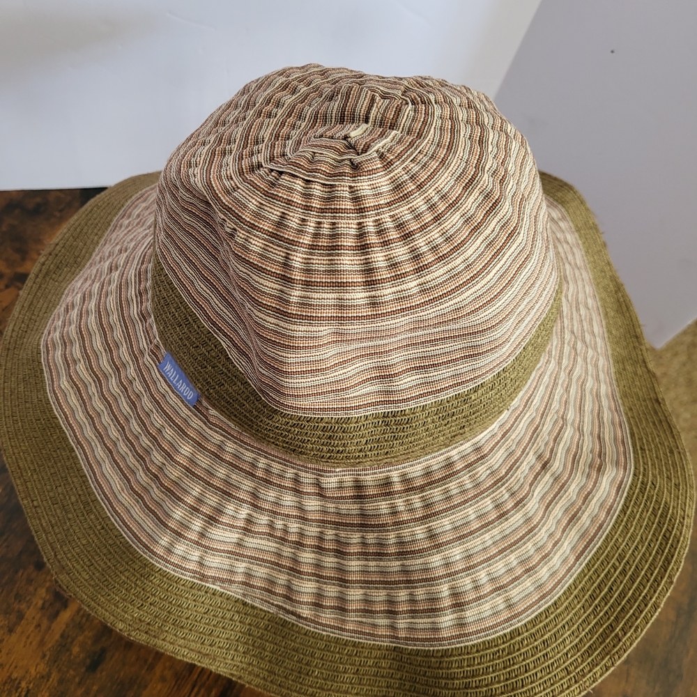 Wallaroo UV Ginger Floppy Sun Hat Women's Striped Beige Wide Wire Brim Packable - Picture 2 of 8